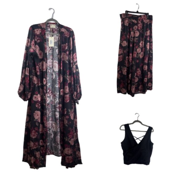 Joyfolie Jenna 3 Piece Set Duster, Top & Pants in Faded Black Floral Size XL NWT - Picture 1 of 13